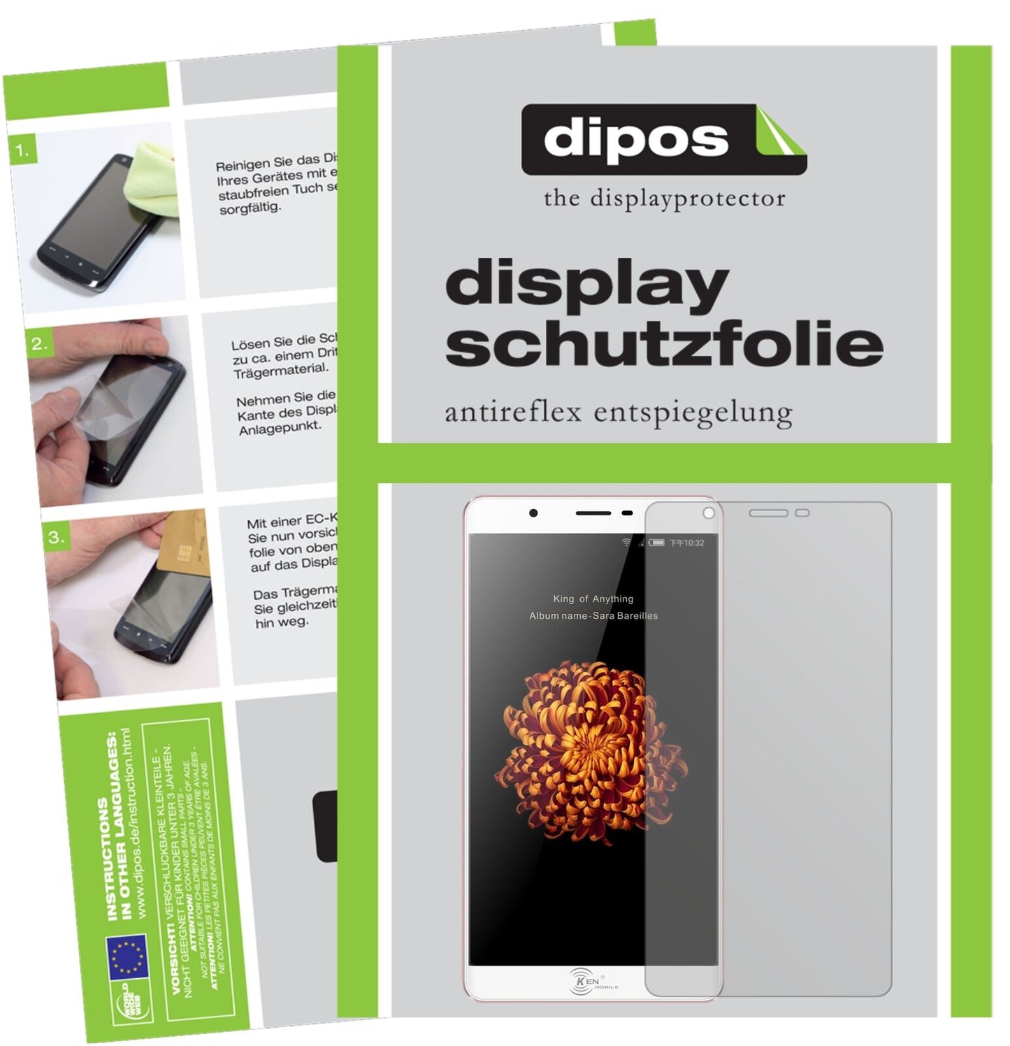 KENV9 mit aufgebrachter dipos Displayschutzfolie, die lästige Fingerabdrücke minimiert