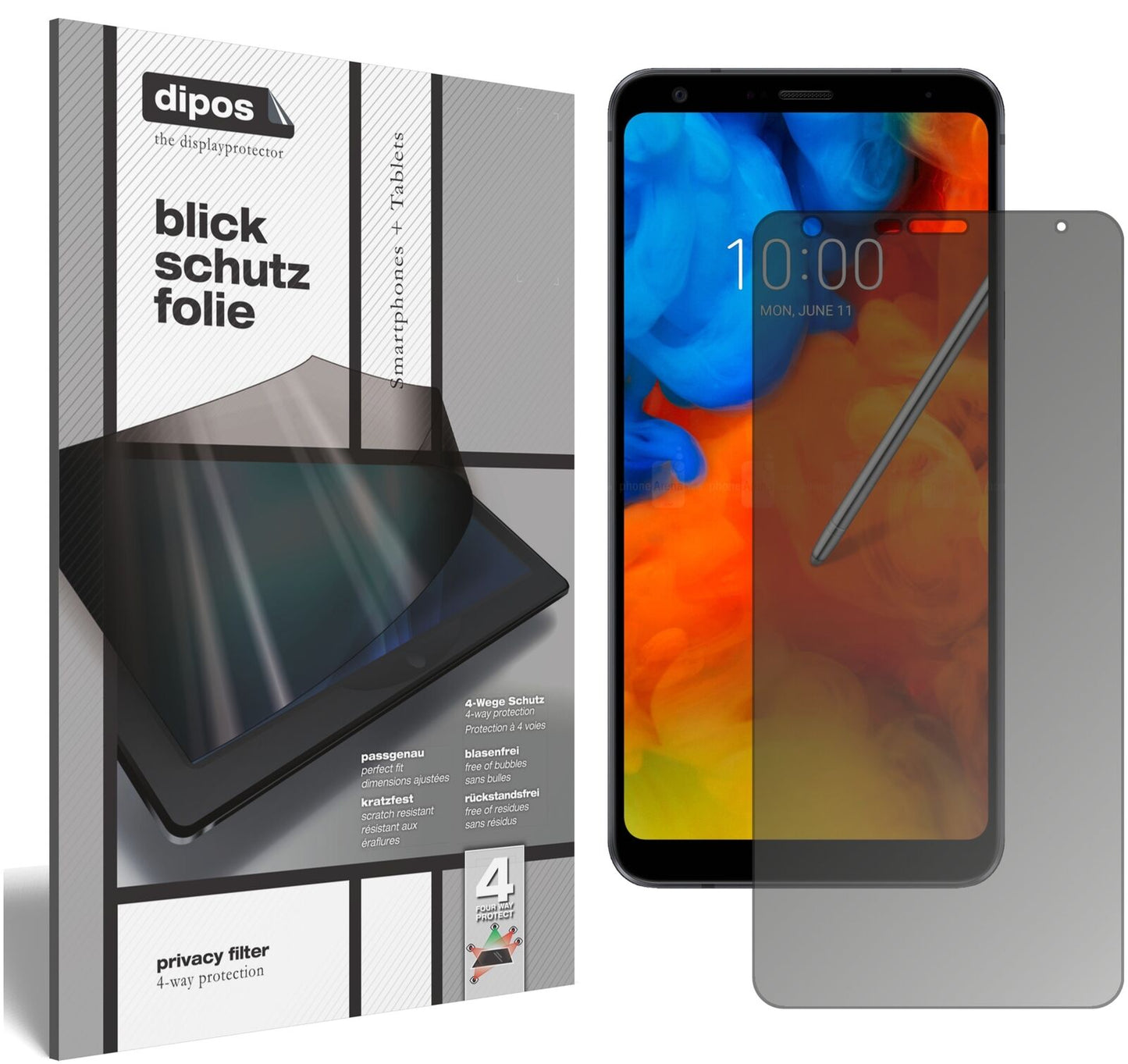LgQ8 2018 mit aufgebrachtem dipos Displayschutz, der seitliche Einblicke blockiert