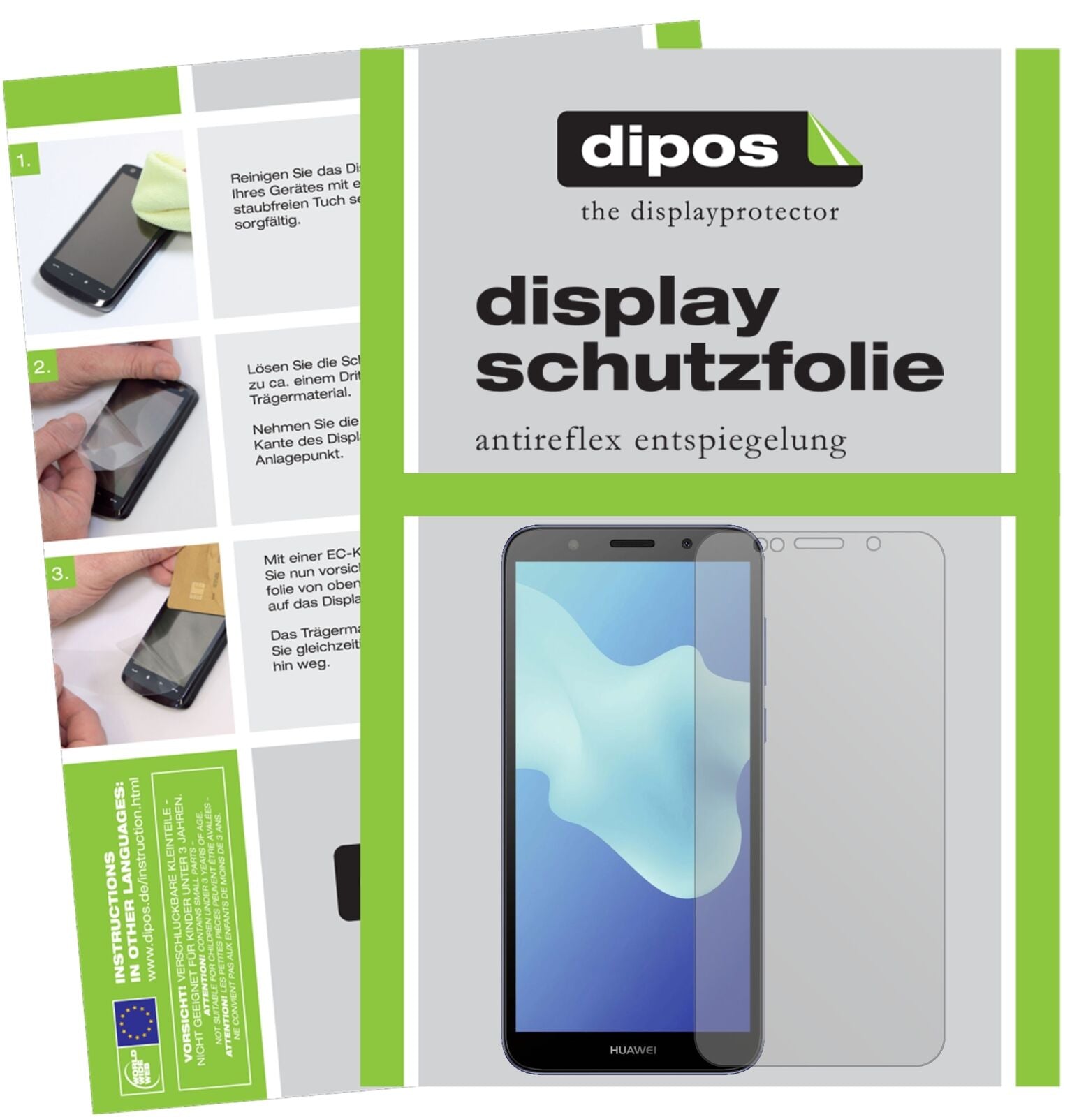 HuaweiY5 2018 mit aufgebrachter dipos Displayschutzfolie, die lästige Fingerabdrücke minimiert
