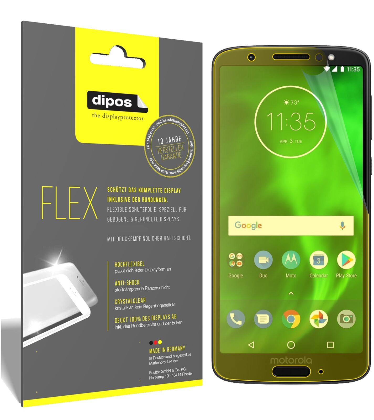 LenovoMoto G6 mit aufgebrachter dipos Displayschutzfolie, glasklare Darstellung ohne Einschränkungen
