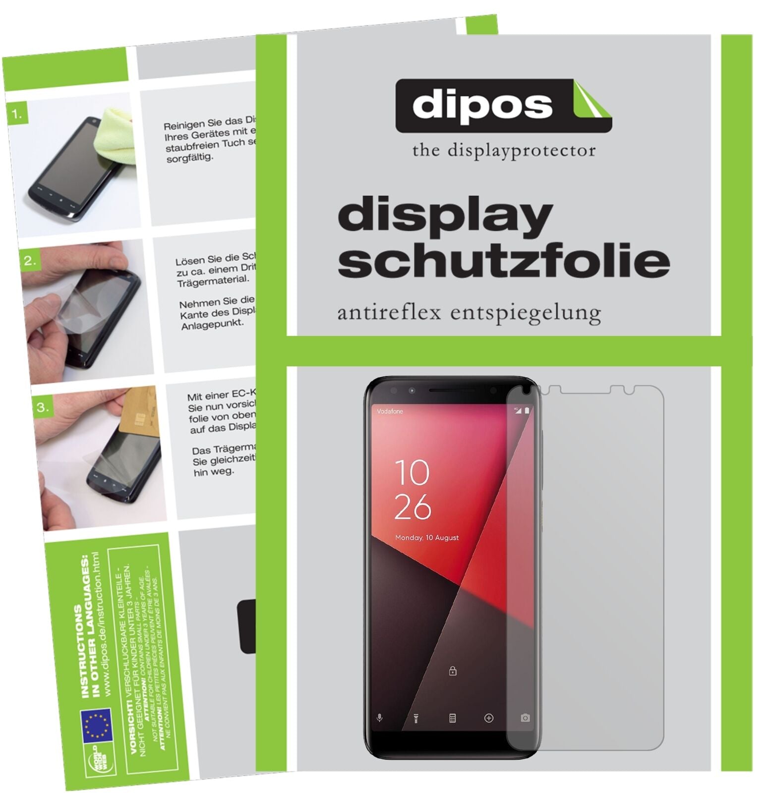 VodafoneSmart N9 mit aufgebrachter dipos Displayschutzfolie, die lästige Fingerabdrücke minimiert