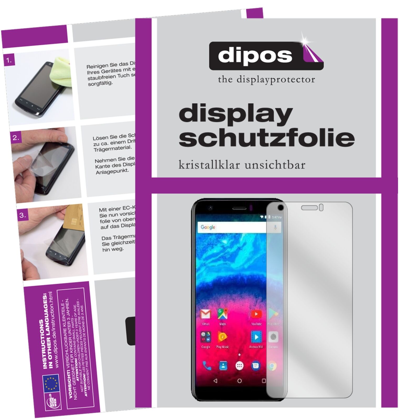 ArchosCore 55S mit aufgebrachter dipos Displayschutzfolie, glasklare Darstellung ohne Einschränkungen