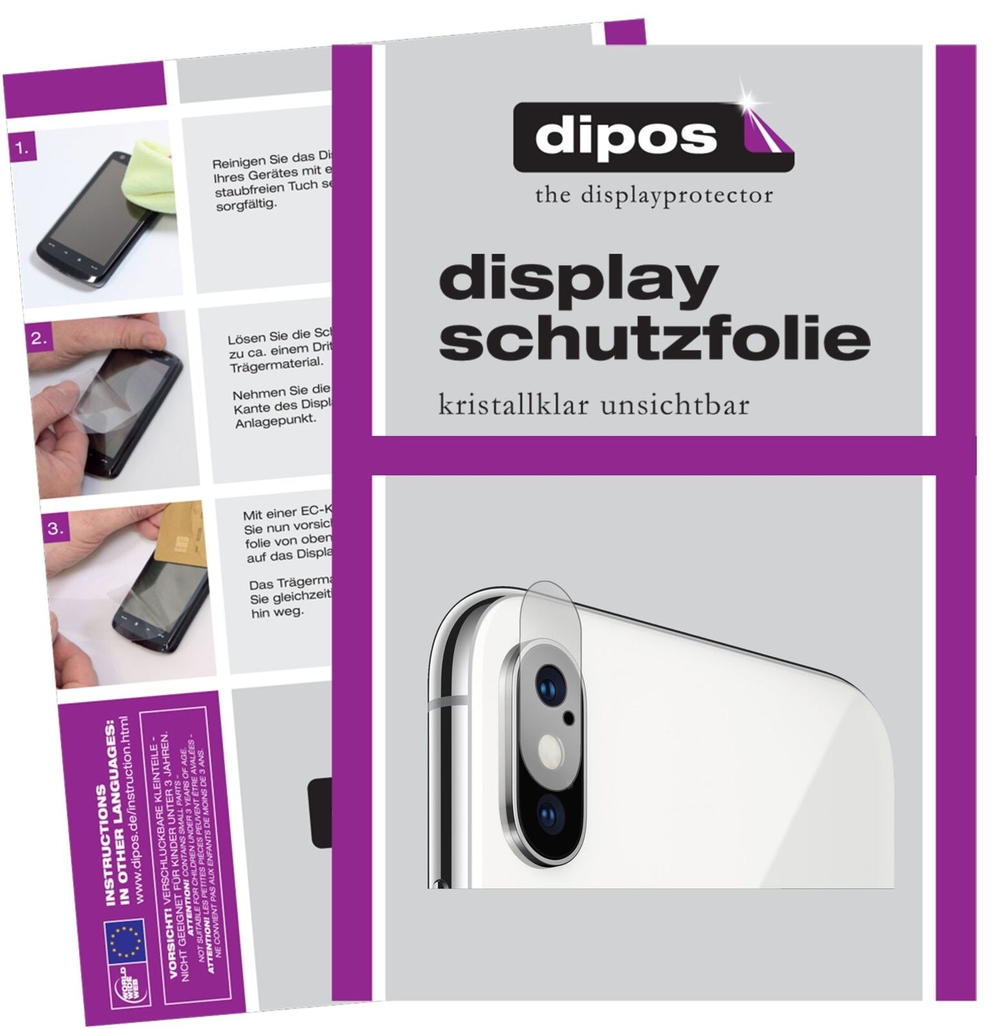 AppleiPhone XS Max Kamera mit aufgebrachter dipos Displayschutzfolie, glasklare Darstellung ohne Einschränkungen