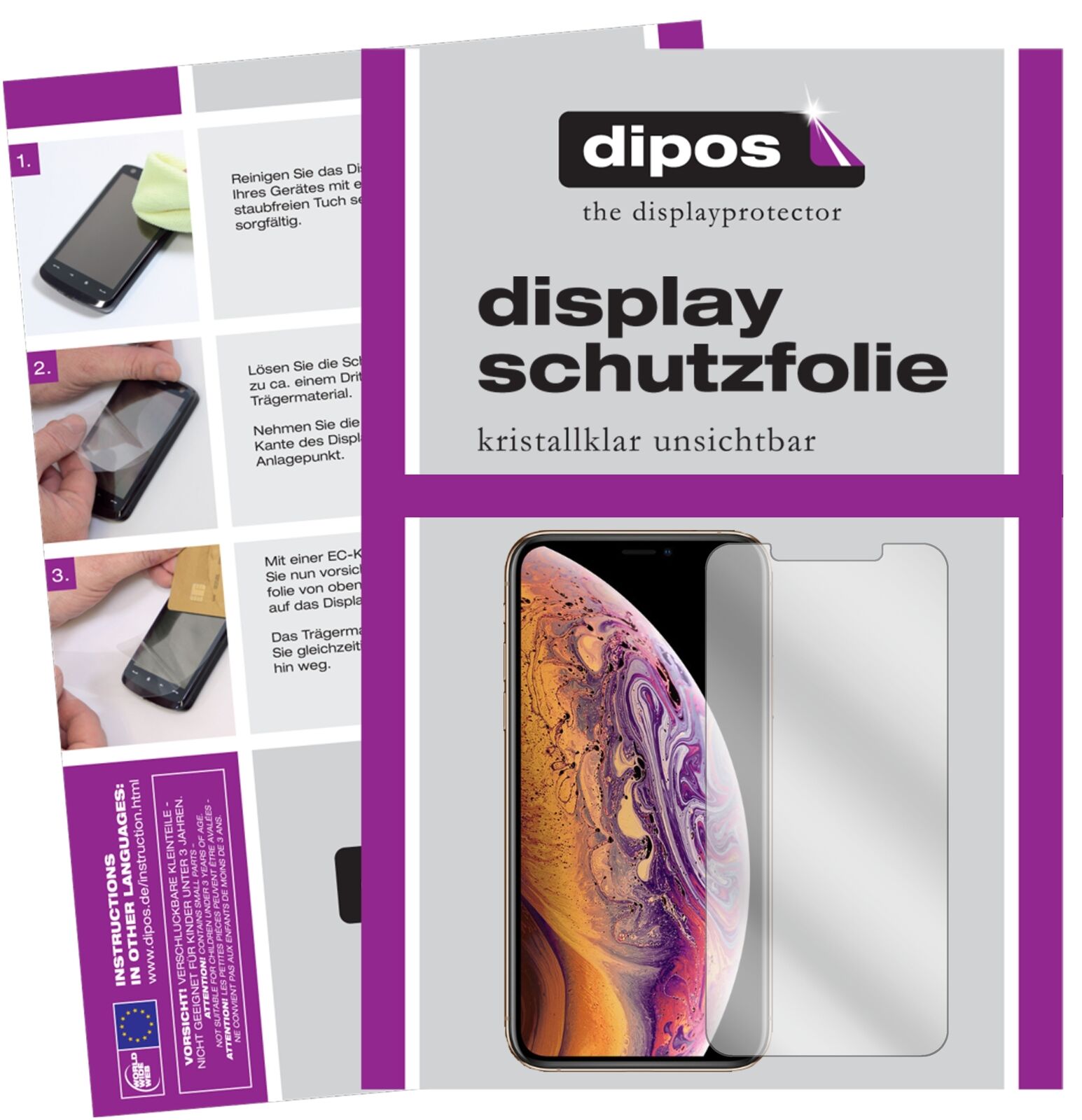 AppleiPhone XS mit aufgebrachter dipos Displayschutzfolie, glasklare Darstellung ohne Einschränkungen