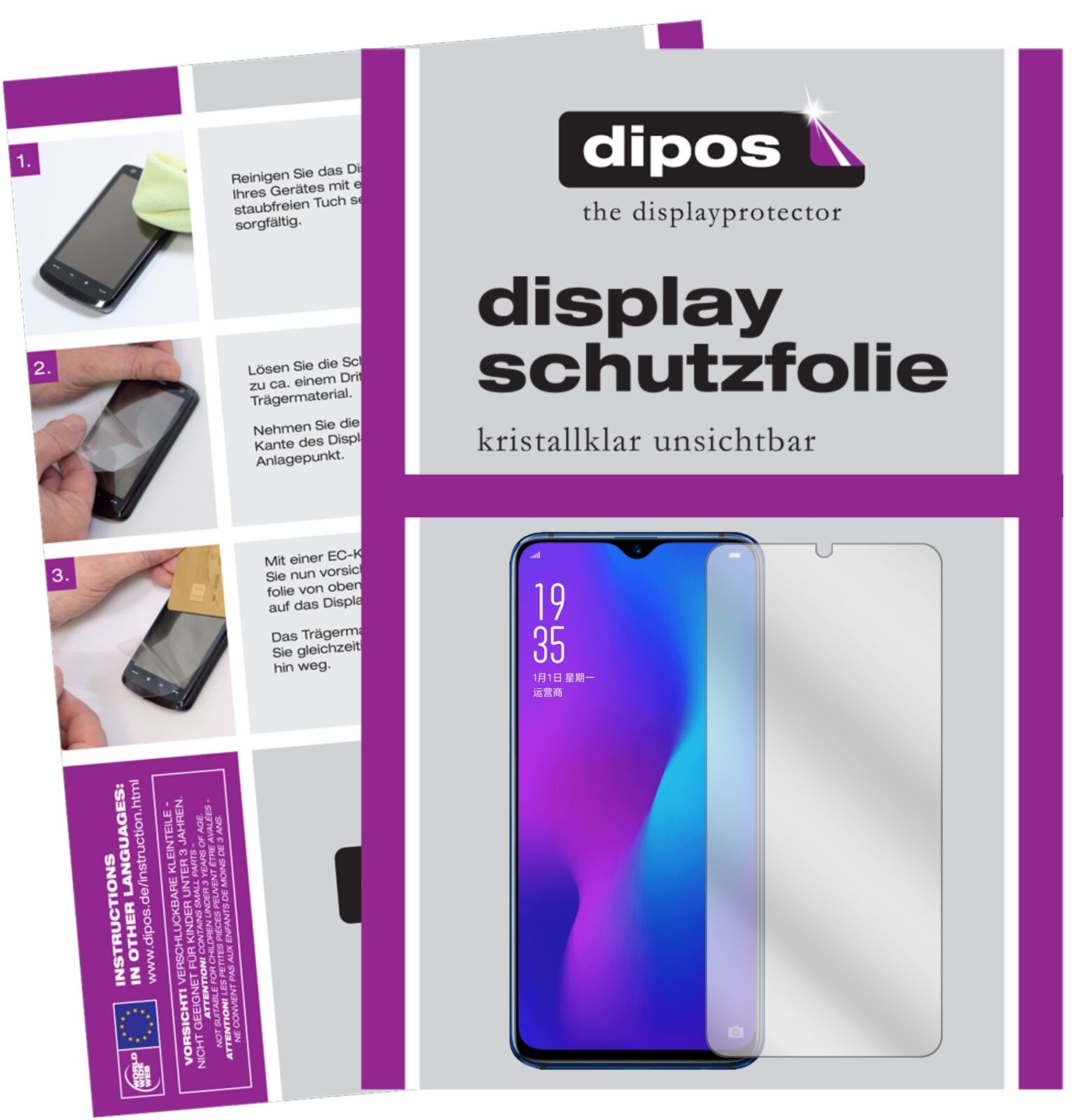 OppoR17 Pro mit aufgebrachter dipos Displayschutzfolie, glasklare Darstellung ohne Einschränkungen