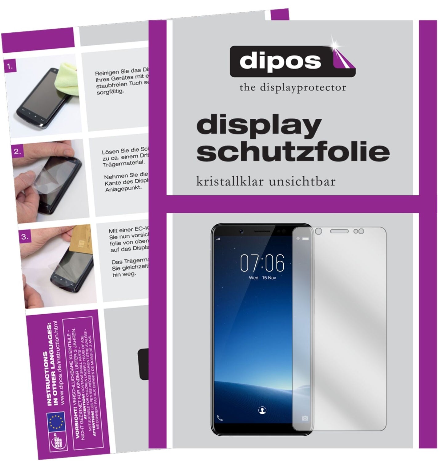 VivoV7 mit aufgebrachter dipos Displayschutzfolie, glasklare Darstellung ohne Einschränkungen