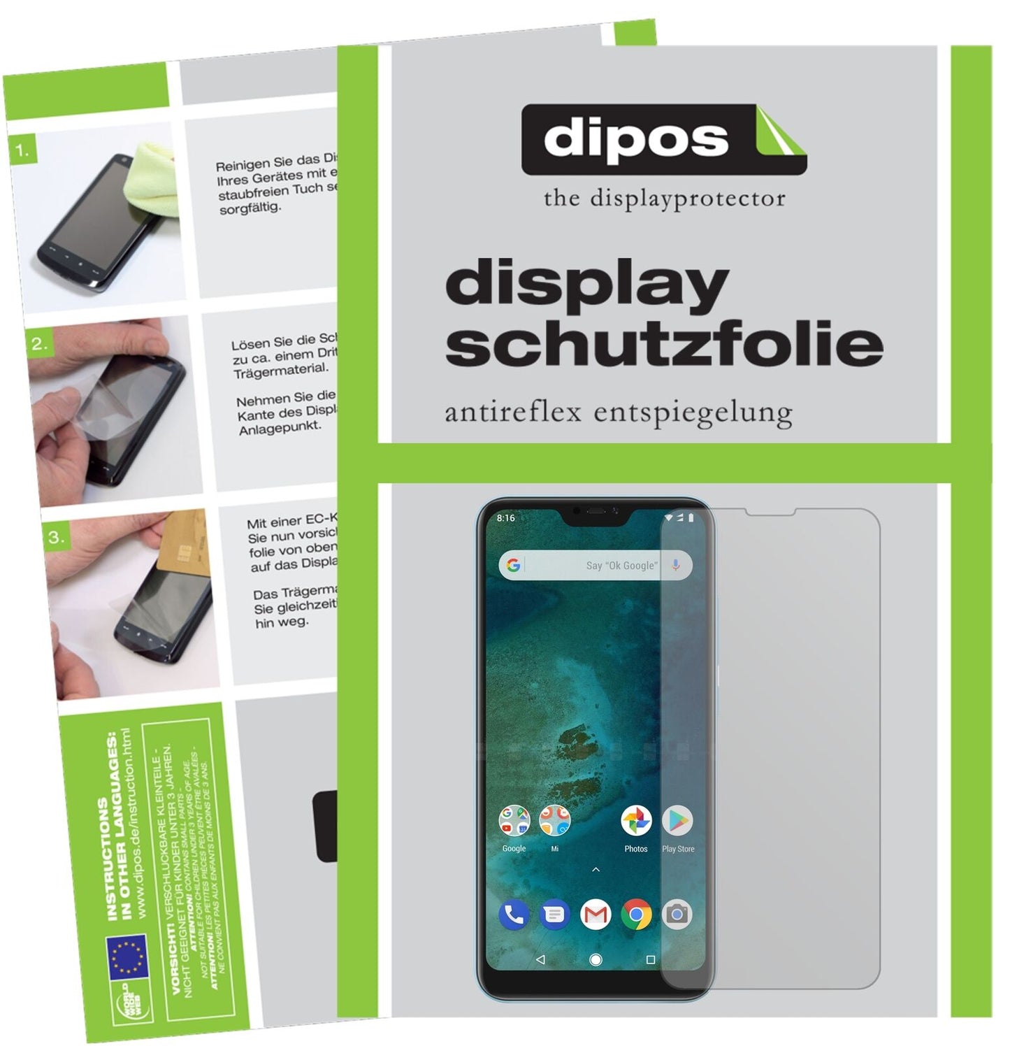 XiaomiMi A2 Lite mit aufgebrachter dipos Displayschutzfolie, die lästige Fingerabdrücke minimiert