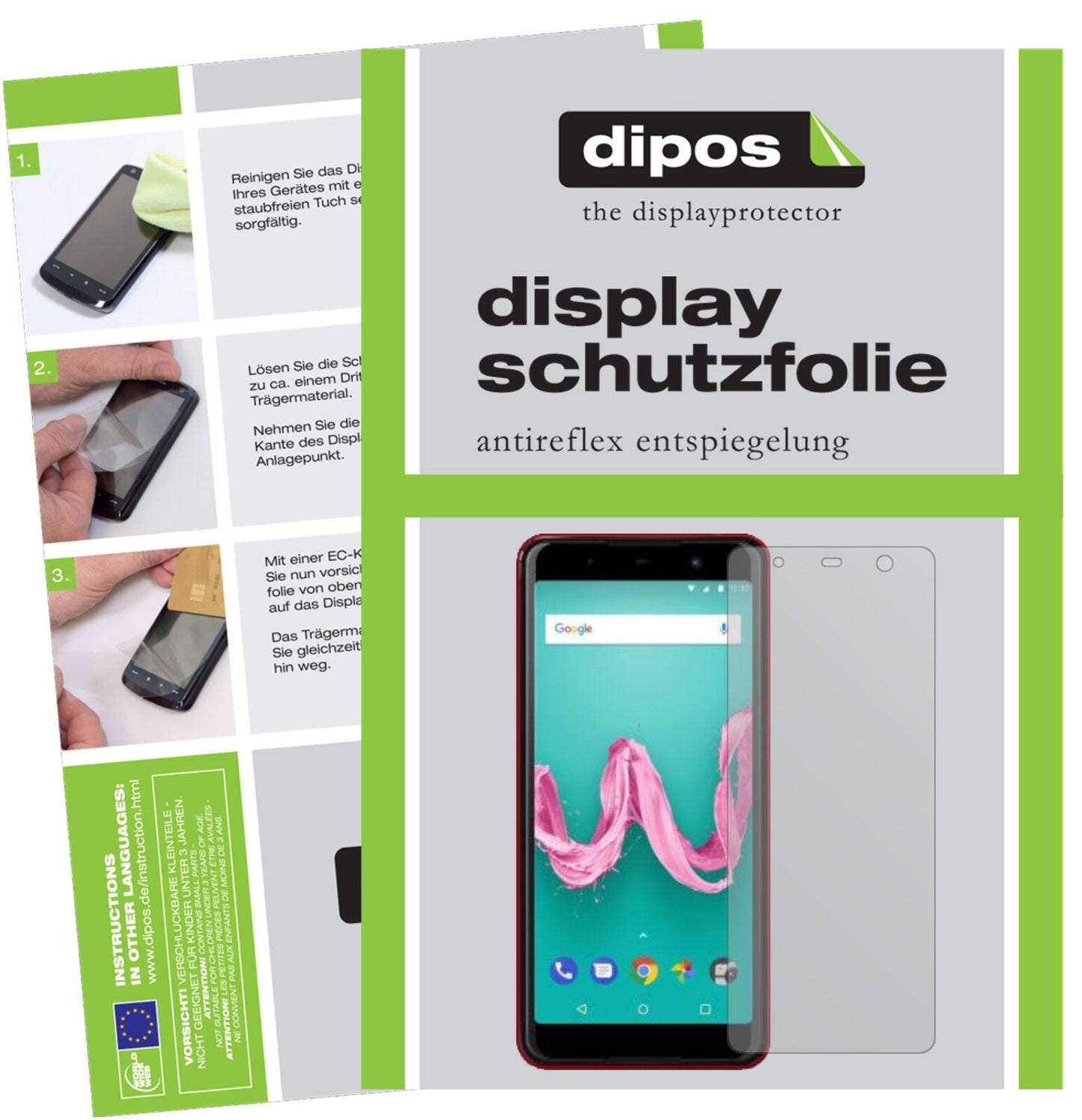 WikoLenny 5 mit aufgebrachter dipos Displayschutzfolie, die lästige Fingerabdrücke minimiert