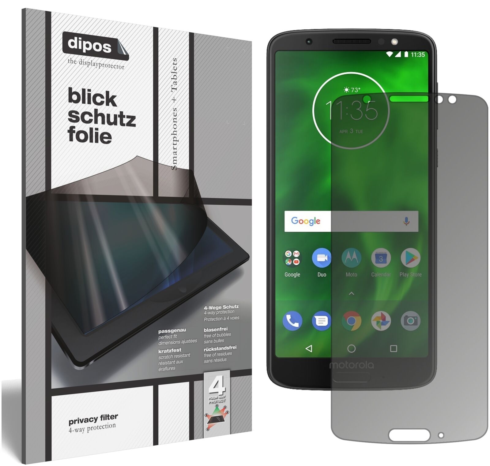 LenovoMoto G6 Plus mit aufgebrachtem dipos Displayschutz, der seitliche Einblicke blockiert