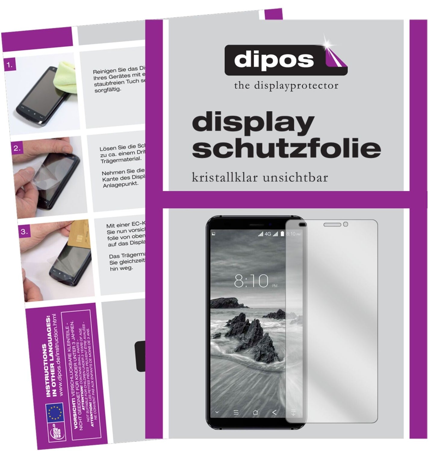 BlackviewS6 mit aufgebrachter dipos Displayschutzfolie, glasklare Darstellung ohne Einschränkungen