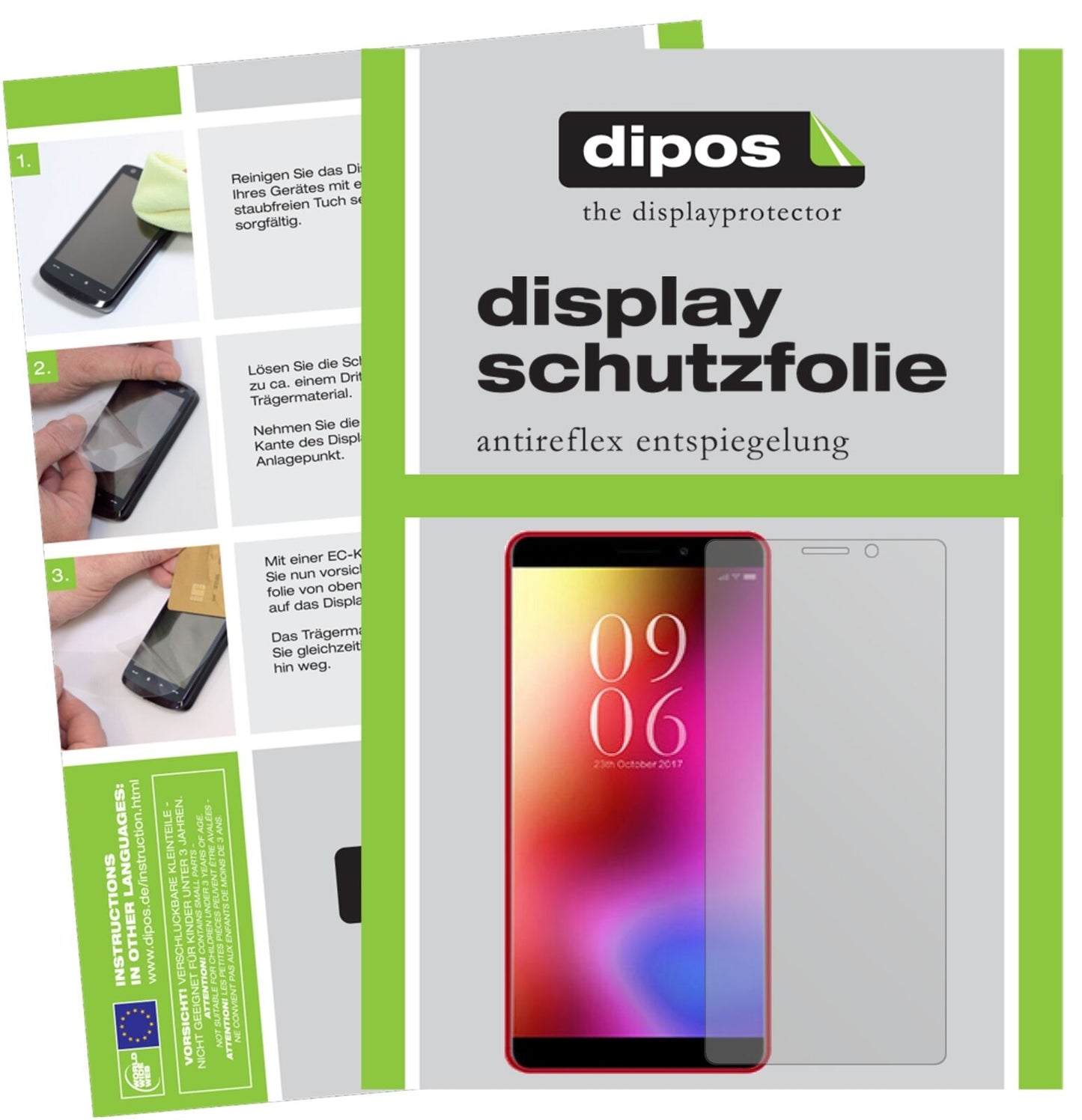 ElephoneA3 mit aufgebrachter dipos Displayschutzfolie, die lästige Fingerabdrücke minimiert