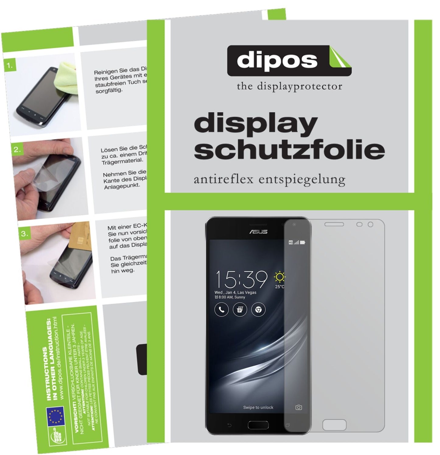 ASUSZenFone Ares ZS572KL mit aufgebrachter dipos Displayschutzfolie, die lästige Fingerabdrücke minimiert
