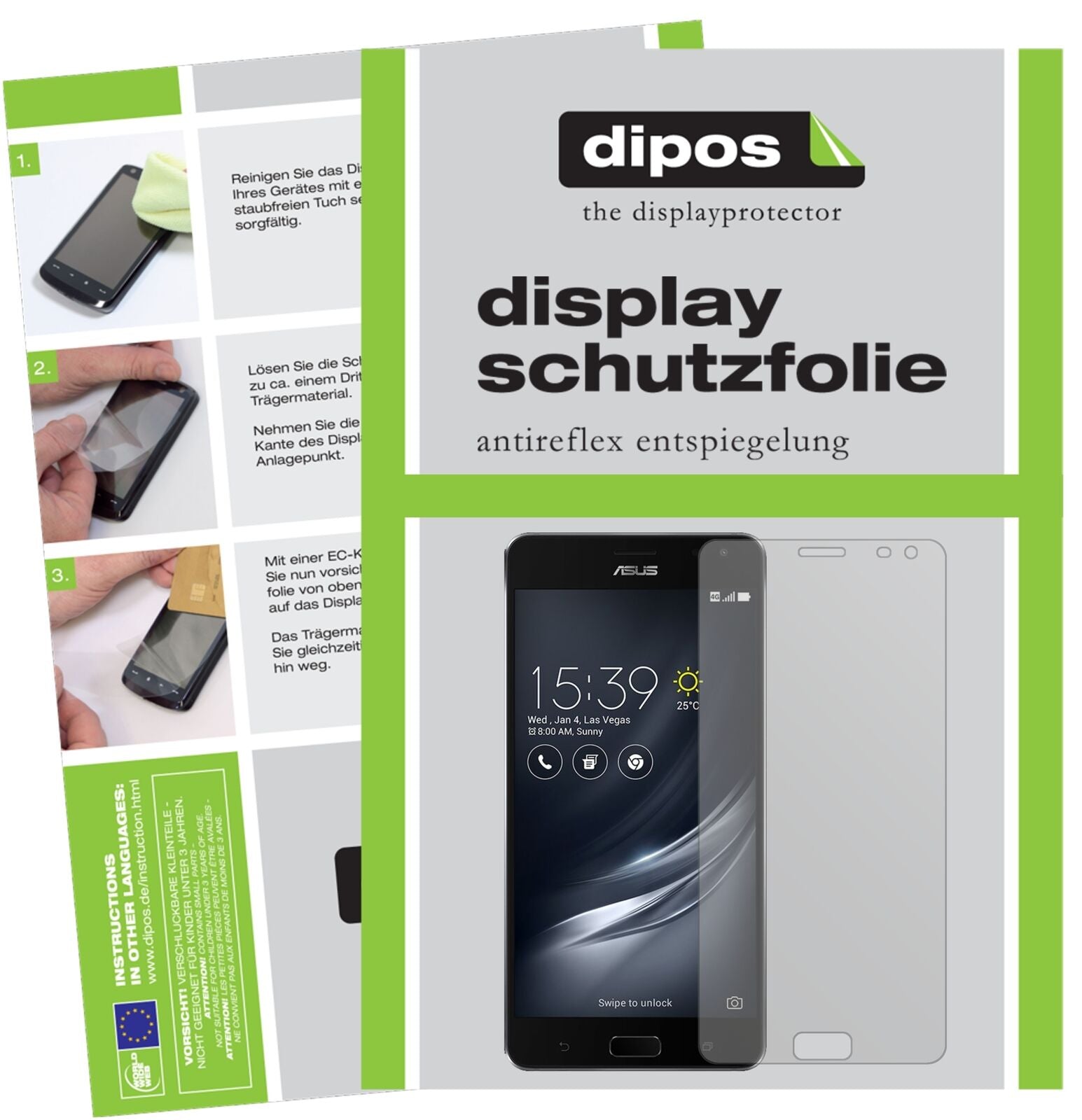 ASUSZenFone Ares ZS572KL mit aufgebrachter dipos Displayschutzfolie, die lästige Fingerabdrücke minimiert