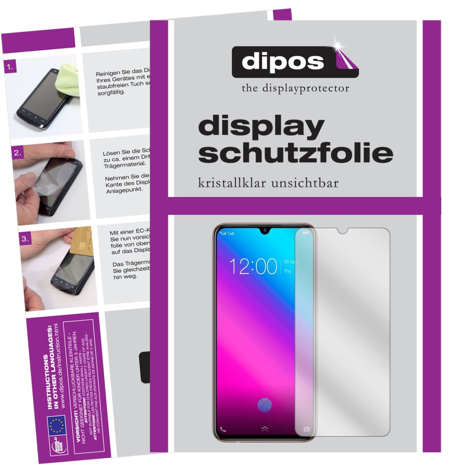 VivoV11 Plus mit aufgebrachter dipos Displayschutzfolie, glasklare Darstellung ohne Einschränkungen