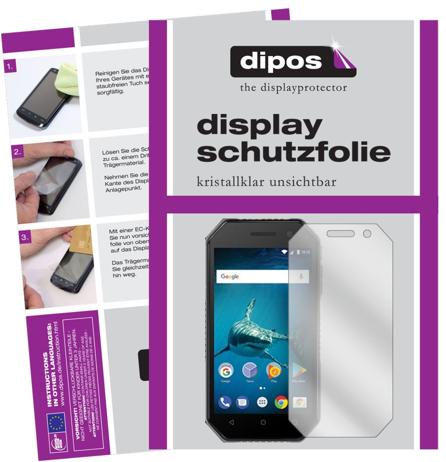 BQMobile 4077 Shark Mini mit aufgebrachter dipos Displayschutzfolie, glasklare Darstellung ohne Einschränkungen