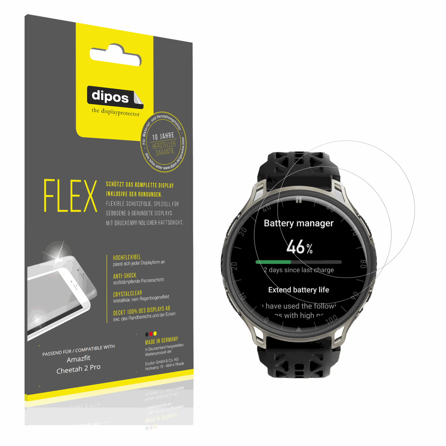 Klare Displayschutzfolie von dipos passend für Amazfit Cheetah 2 Pro, 100% Displayabdeckung und blasenfreie Montage