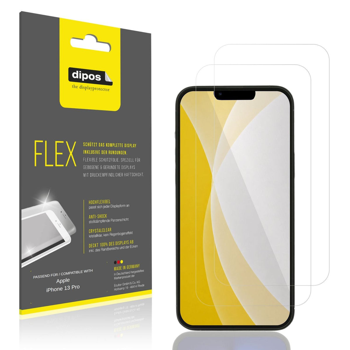 Klare Displayschutzfolie von dipos passend für Apple iPhone 13 Pro, 100% Displayabdeckung und blasenfreie Montage