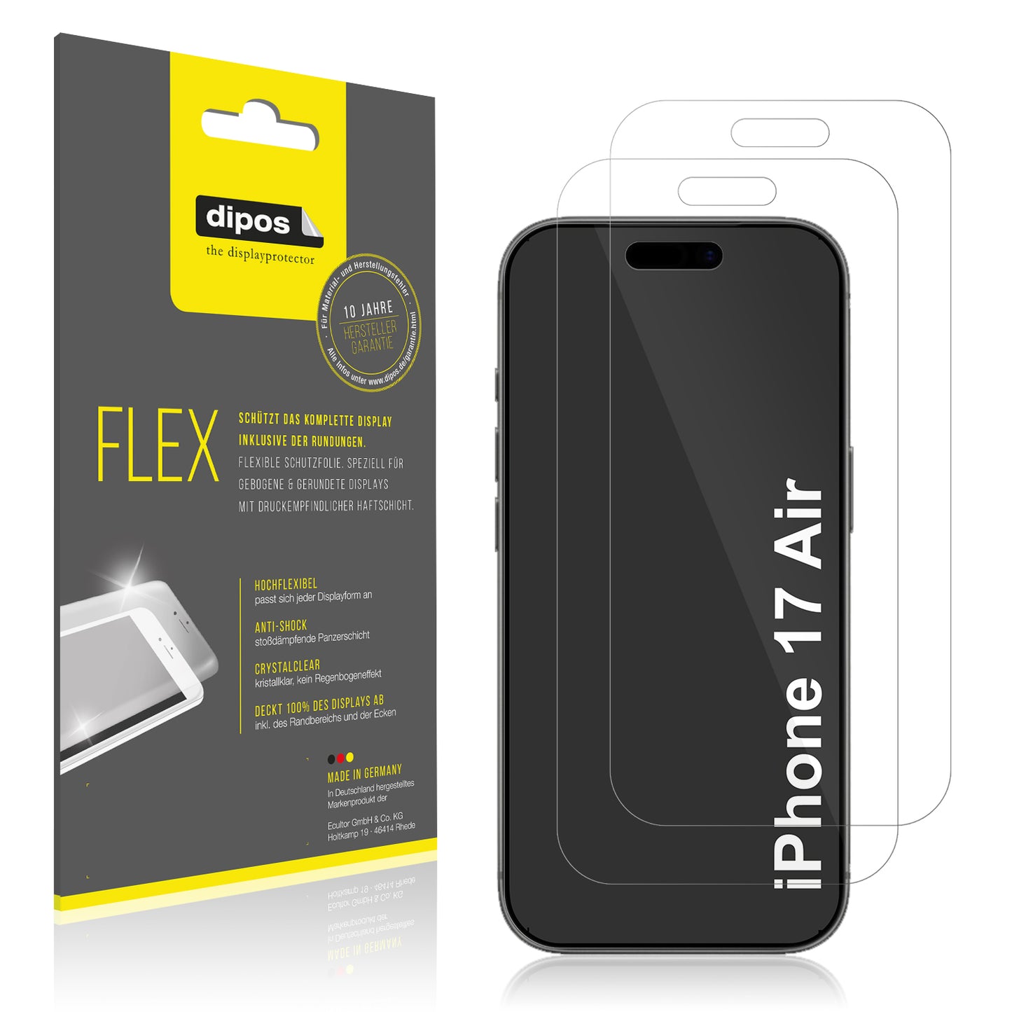 Klare Displayschutzfolie von dipos passend für Apple iPhone 17 Air, 100% Displayabdeckung und blasenfreie Montage