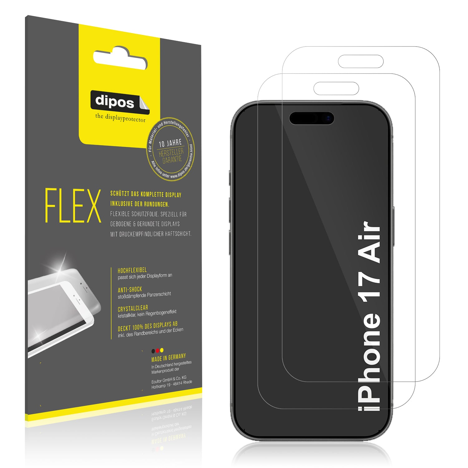 Klare Displayschutzfolie von dipos passend für Apple iPhone 17 Air, 100% Displayabdeckung und blasenfreie Montage