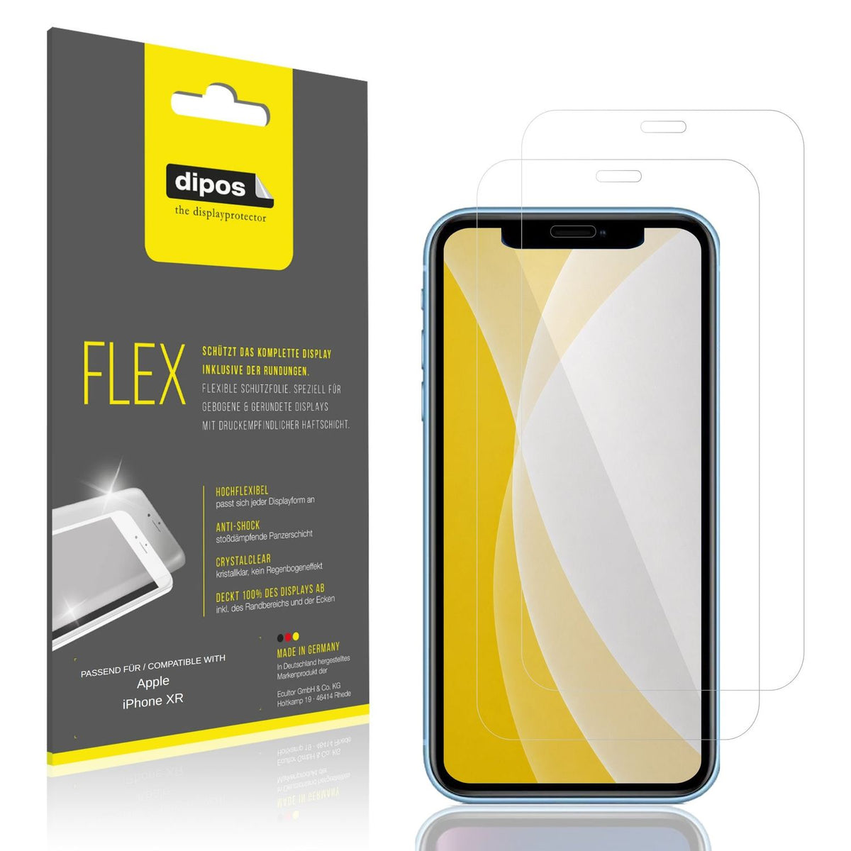 Klare Displayschutzfolie von dipos passend für Apple iPhone XR, 100% Displayabdeckung und blasenfreie Montage
