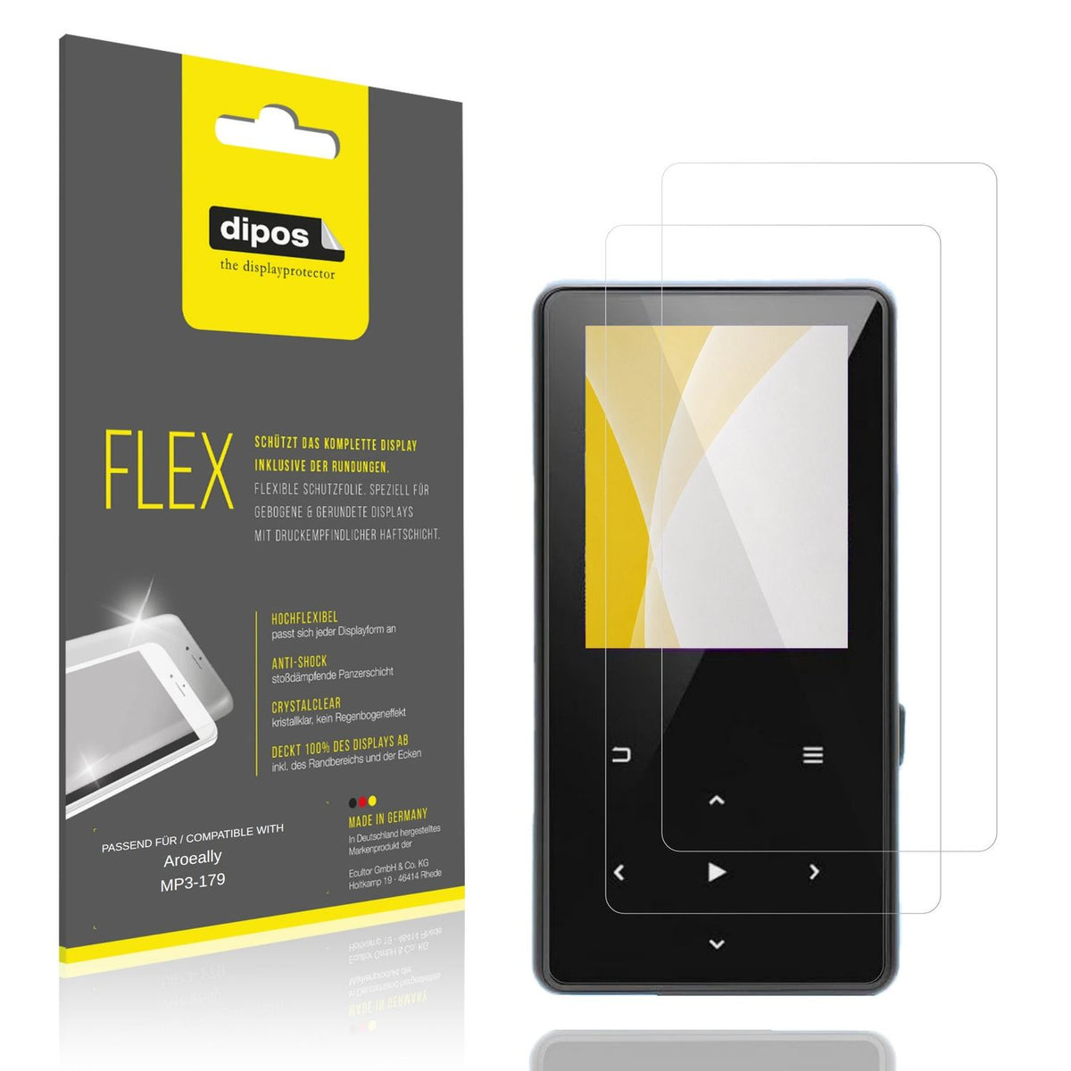 Klare Displayschutzfolie von dipos passend für Aroeally MP3-179, 100% Displayabdeckung und blasenfreie Montage