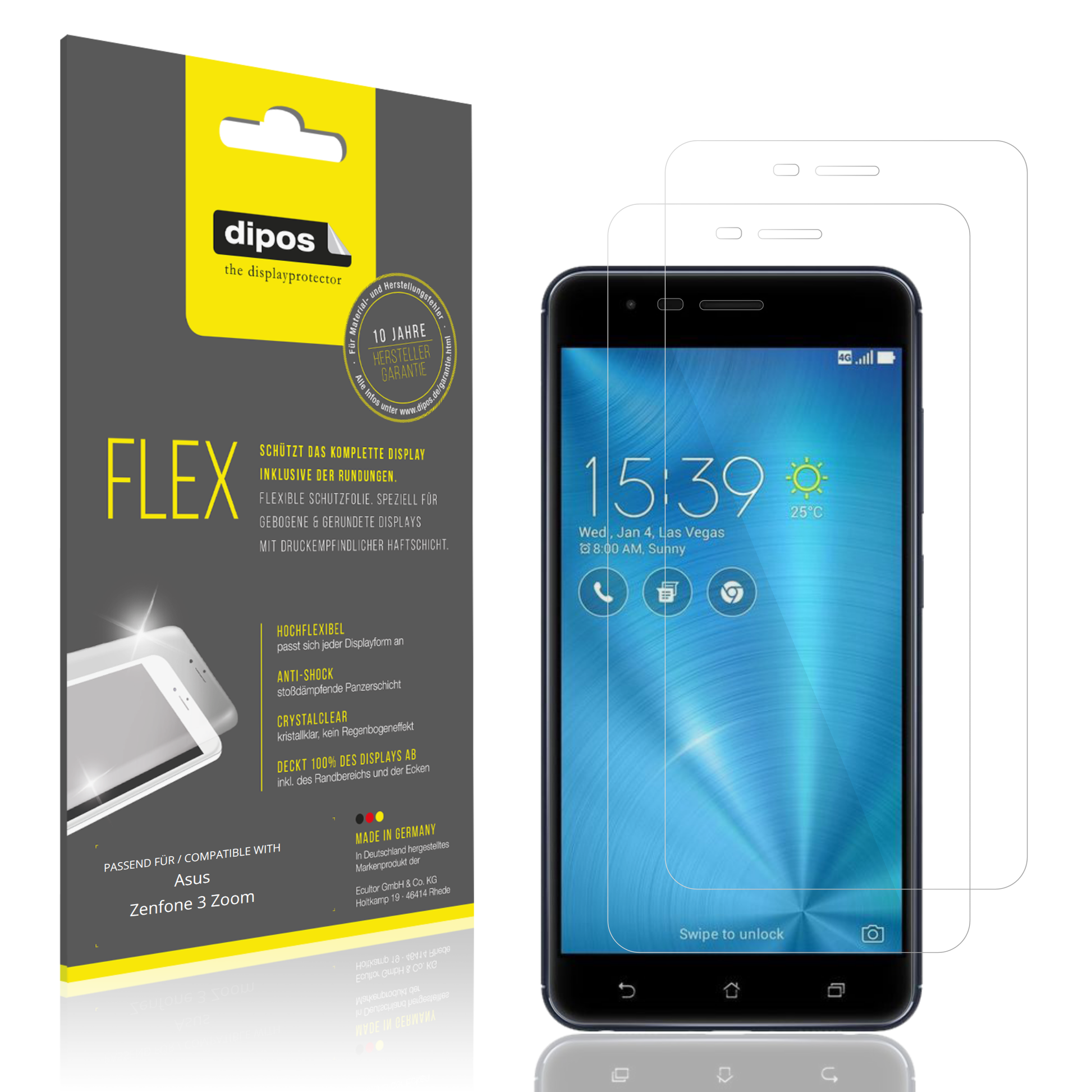 Klare Displayschutzfolie von dipos passend für Asus ZenFone 3 Zoom, 100% Displayabdeckung und blasenfreie Montage