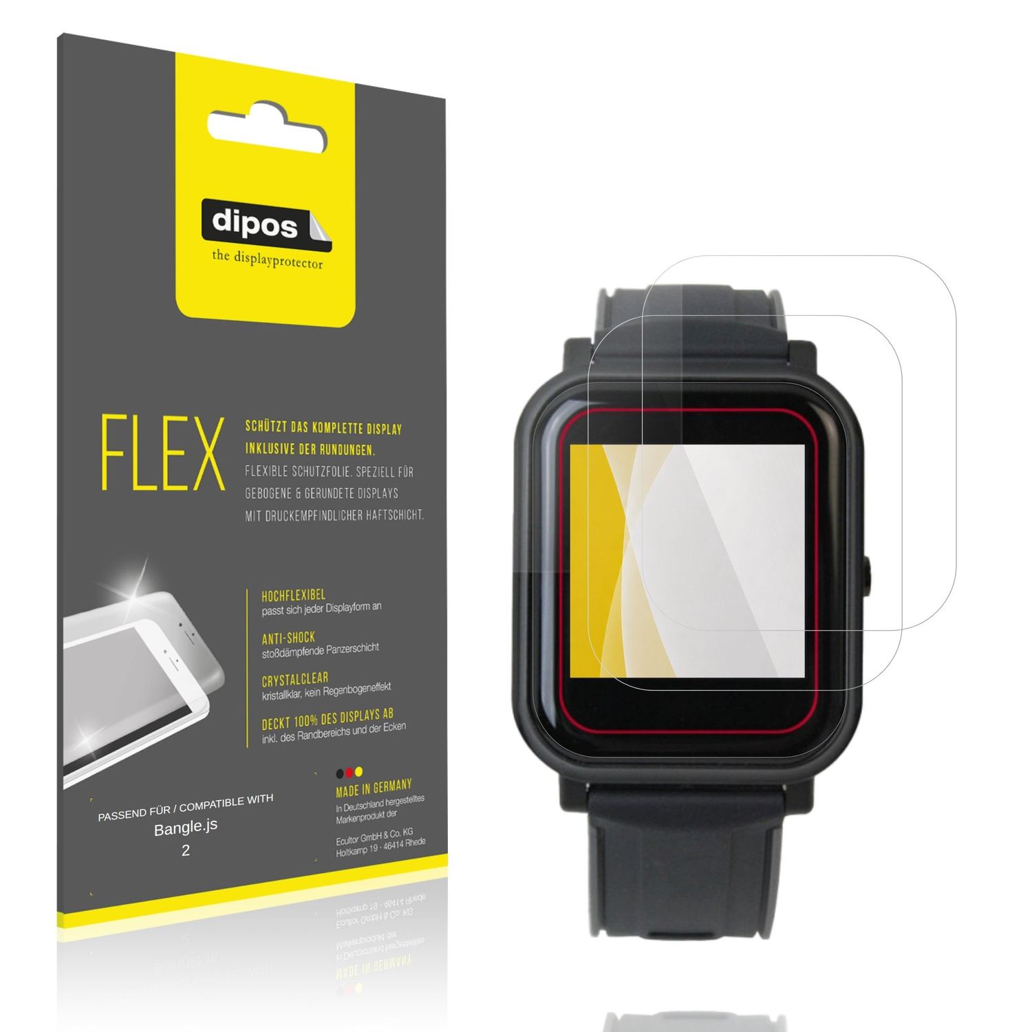 Klare Displayschutzfolie von dipos passend f�r Bangle.js 2, 100% Displayabdeckung und blasenfreie Montage