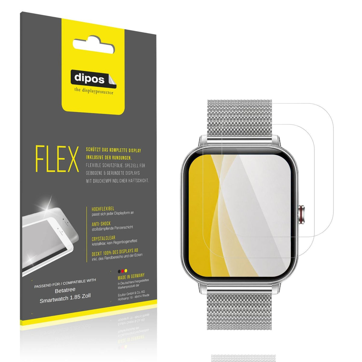 Klare Displayschutzfolie von dipos passend für Betatree Smartwatch 1.85 Zoll, 100% Displayabdeckung und blasenfreie Montage