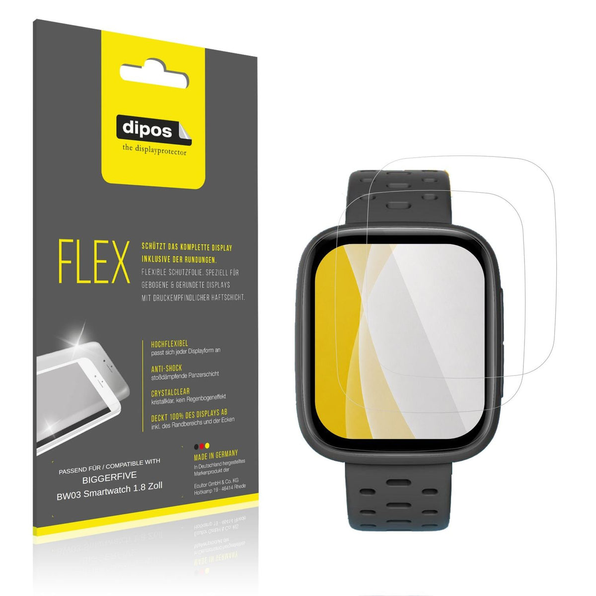 Klare Displayschutzfolie von dipos passend für BIGGERFIVE BW03 Smartwatch 1.8 Zoll, 100% Displayabdeckung und blasenfreie Montage