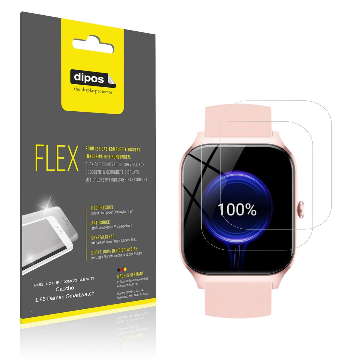 Klare Displayschutzfolie von dipos passend für Cascho 1.85 Damen Smartwatch, 100% Displayabdeckung und blasenfreie Montage