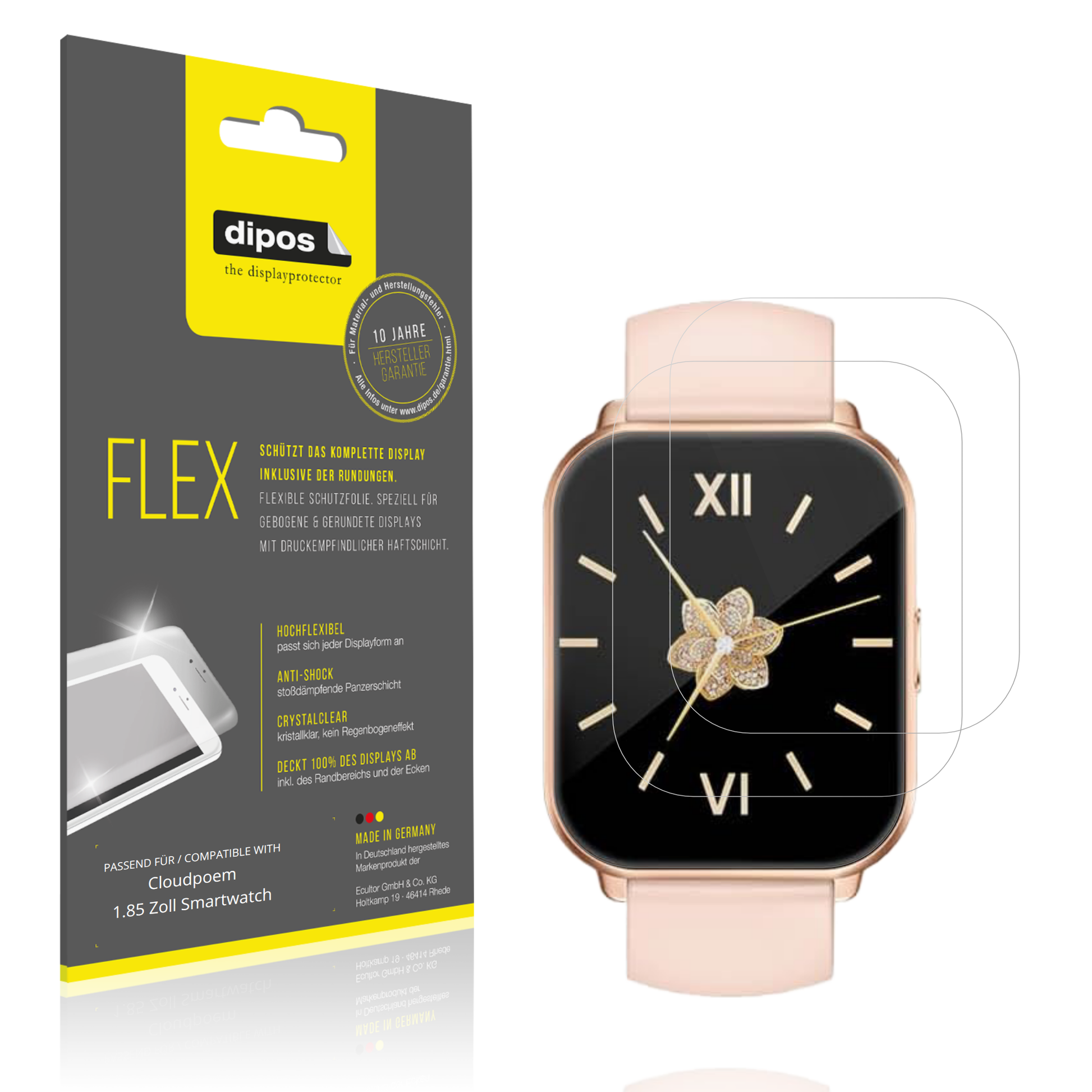 Klare Displayschutzfolie von dipos passend für Cloudpoem 1.85 Zoll Smartwatch, 100% Displayabdeckung und blasenfreie Montage