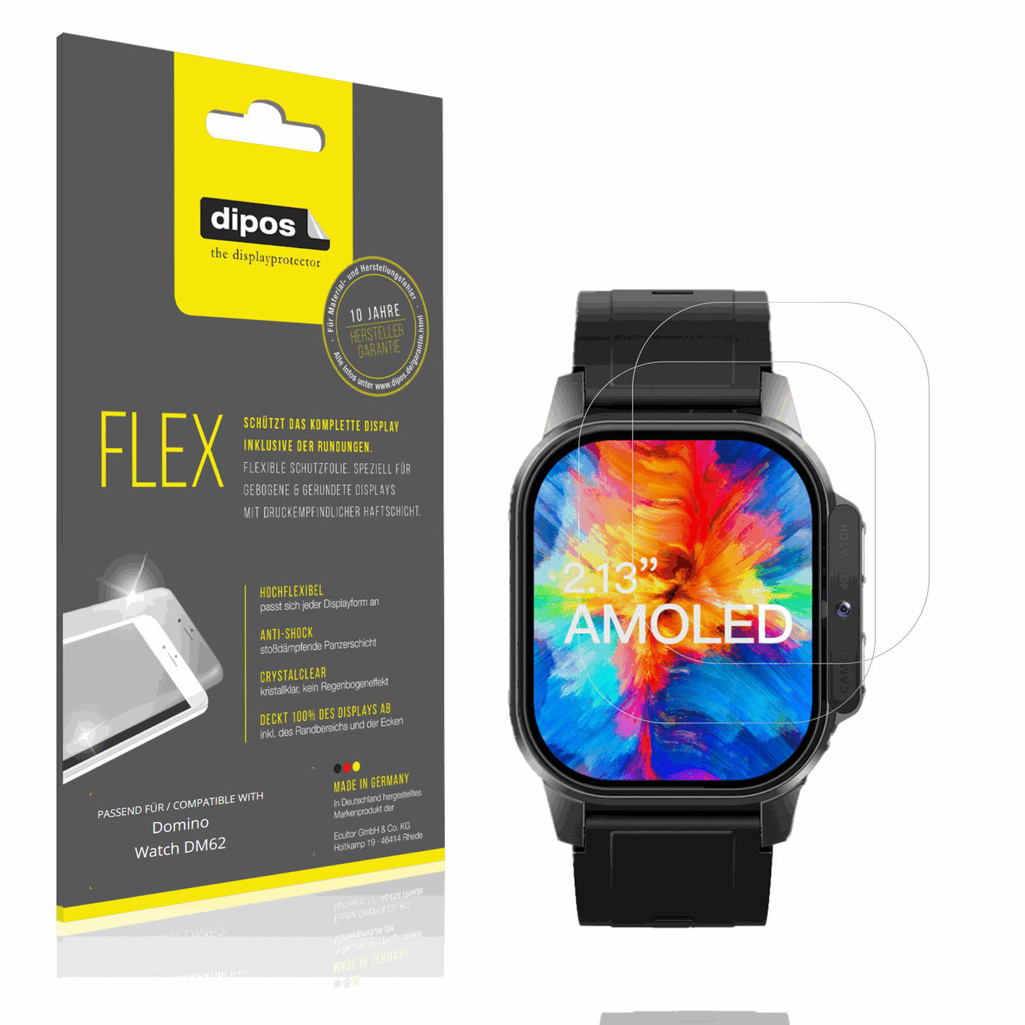 Klare Displayschutzfolie von dipos passend für Domino Watch DM62, 100% Displayabdeckung und blasenfreie Montage