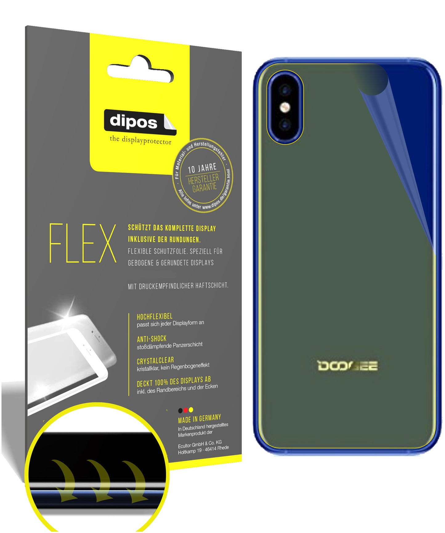 Klare Displayschutzfolie von dipos passend für Doogee X50L Rückseite, 100% Displayabdeckung und blasenfreie Montage