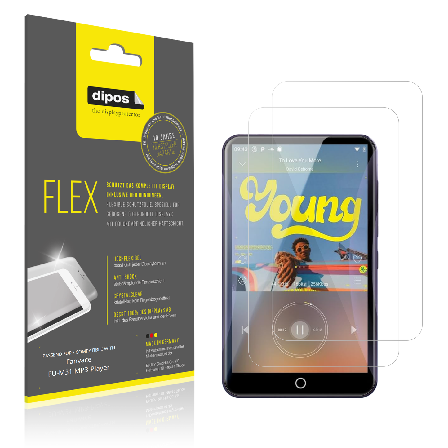 Klare Displayschutzfolie von dipos passend für Fanvace EU-M31 MP3-Player, 100% Displayabdeckung und blasenfreie Montage