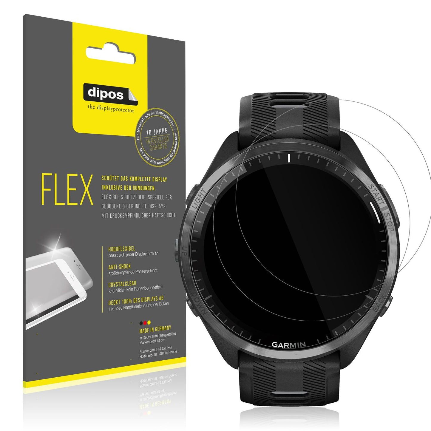 Klare Displayschutzfolie von dipos passend für Garmin Forerunner 965, 100% Displayabdeckung und blasenfreie Montage