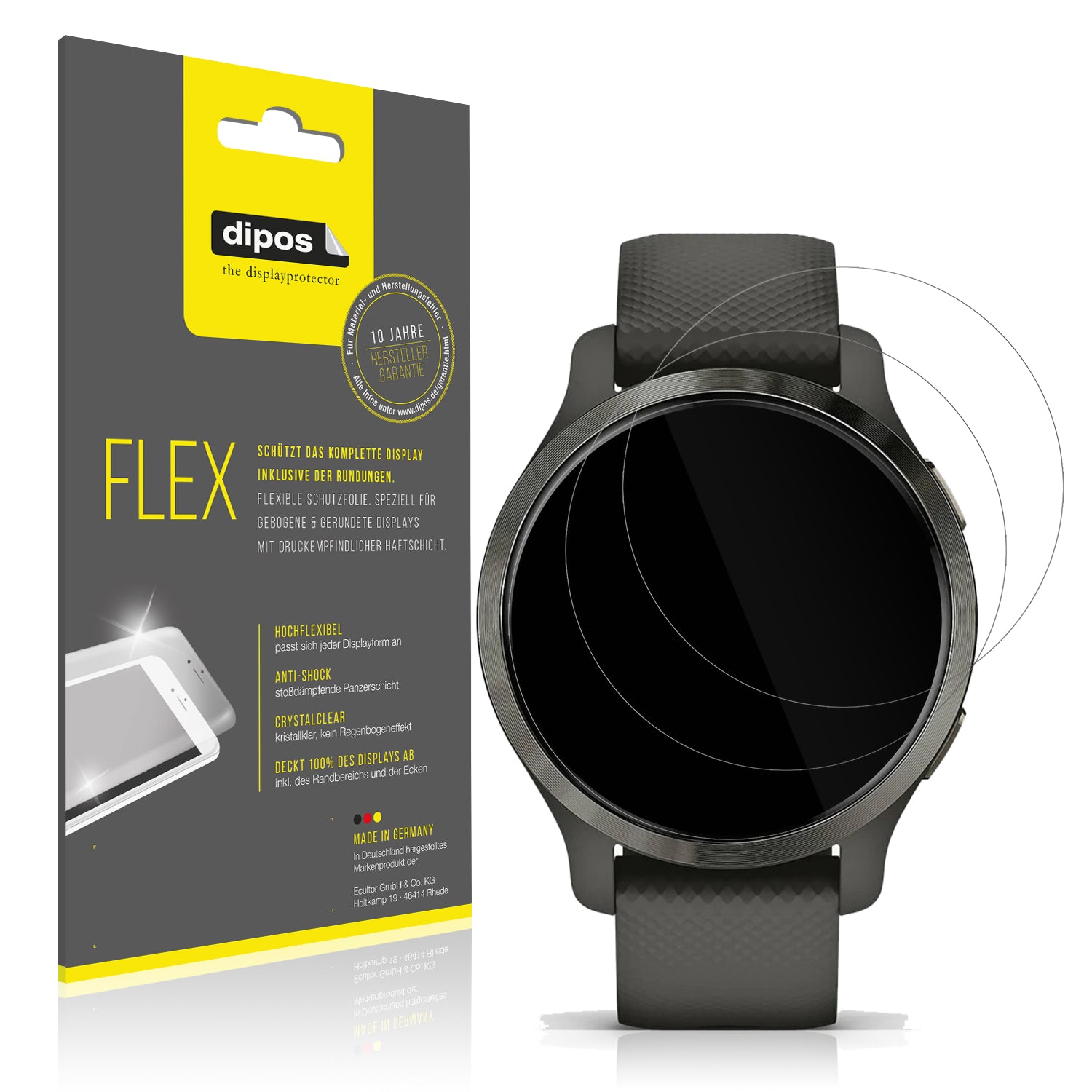 Klare Displayschutzfolie von dipos passend für Garmin Venu 2s, 100% Displayabdeckung und blasenfreie Montage