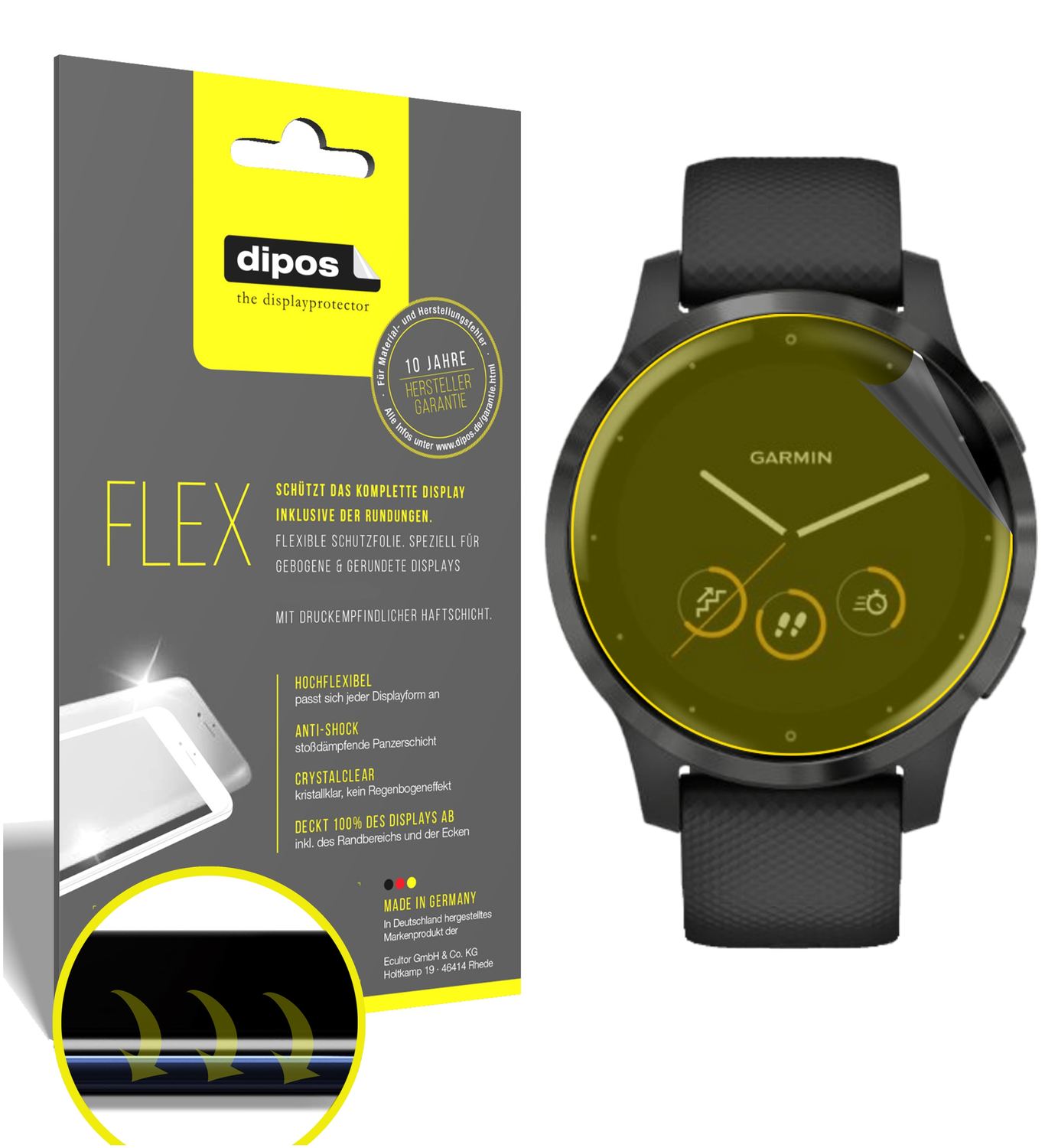 Klare Displayschutzfolie von dipos passend für Garmin Vivoactive 4s (40mm), 100% Displayabdeckung und blasenfreie Montage