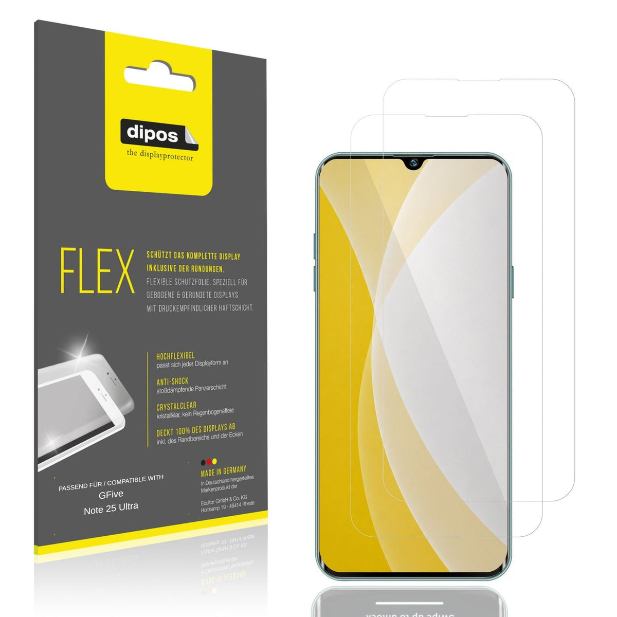 Klare Displayschutzfolie von dipos passend für GFive Note 25 Ultra, 100% Displayabdeckung und blasenfreie Montage