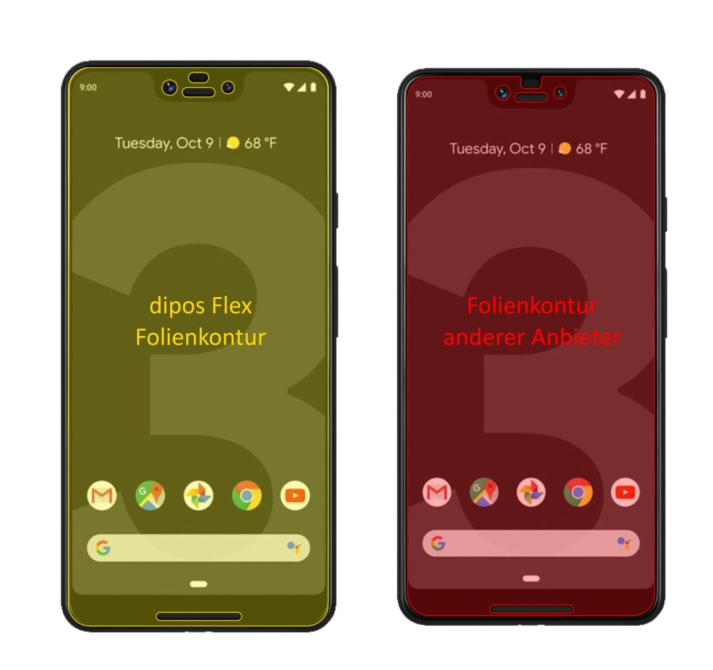 Klare Displayschutzfolie von dipos passend für Google Pixel 3 XL, 100% Displayabdeckung und blasenfreie Montage