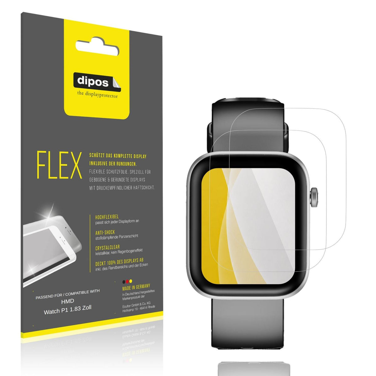 Klare Displayschutzfolie von dipos passend für HMD Watch P1 1.83 Zoll, 100% Displayabdeckung und blasenfreie Montage