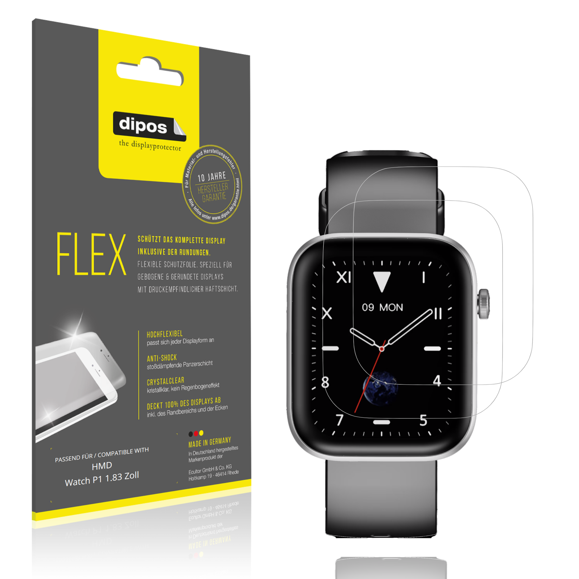 Klare Displayschutzfolie von dipos passend für HMD Watch P1 1.83 Zoll, 100% Displayabdeckung und blasenfreie Montage