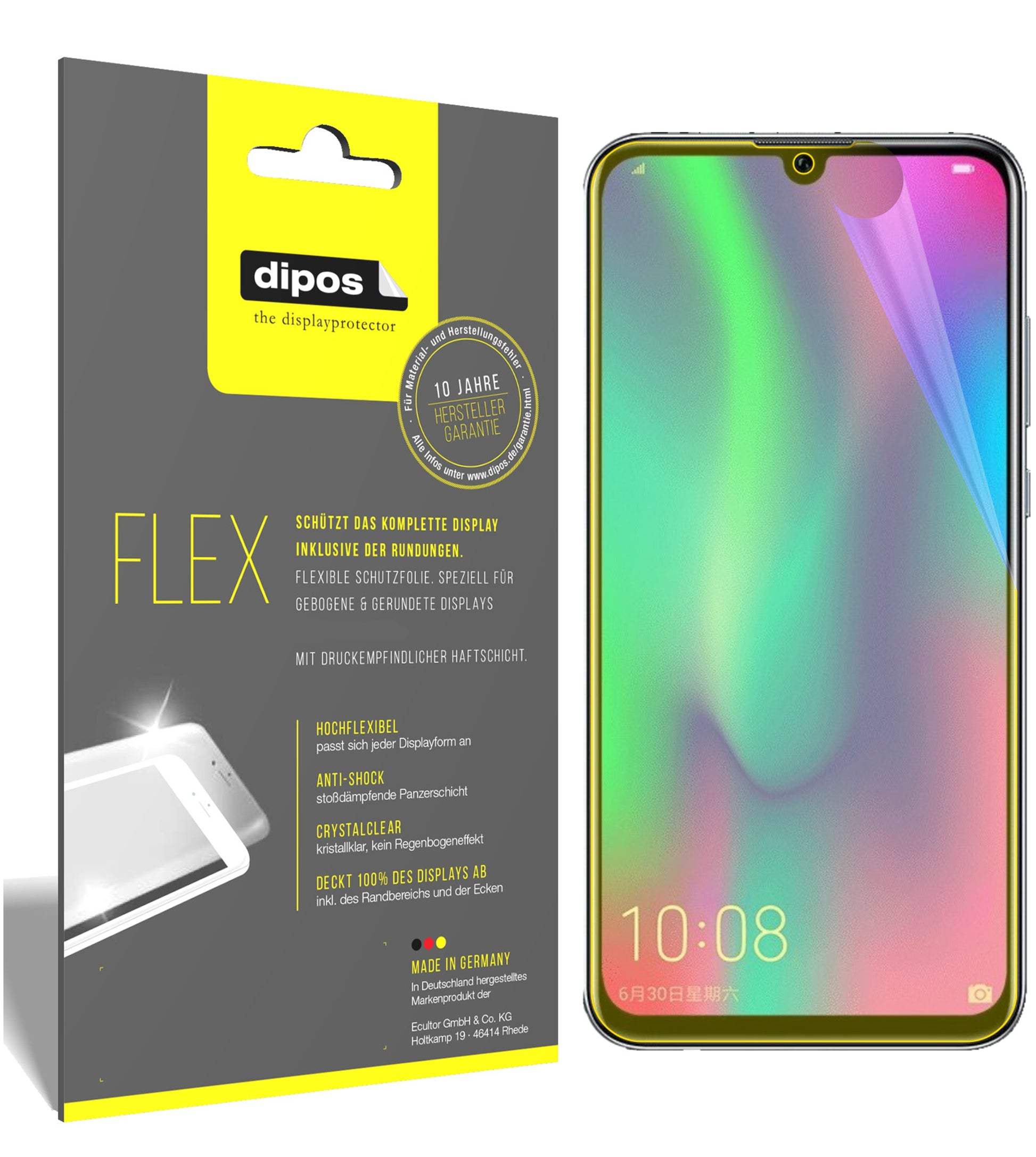Klare Displayschutzfolie von dipos passend für Honor 10i, 100% Displayabdeckung und blasenfreie Montage