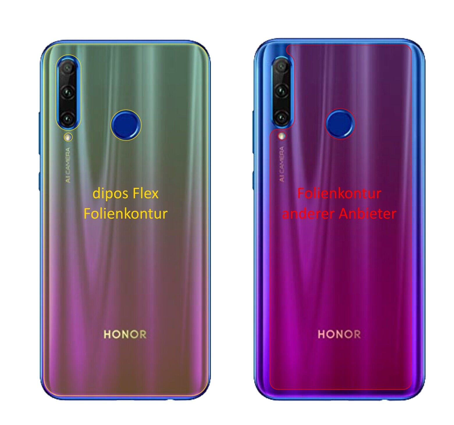 Klare Displayschutzfolie von dipos passend für Honor 20 lite Rückseite, 100% Displayabdeckung und blasenfreie Montage