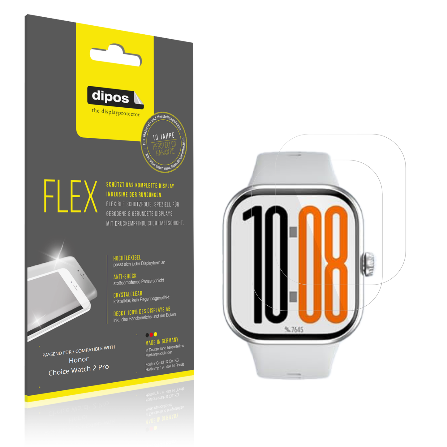 Klare Displayschutzfolie von dipos passend für Honor Choice Watch 2 Pro, 100% Displayabdeckung und blasenfreie Montage