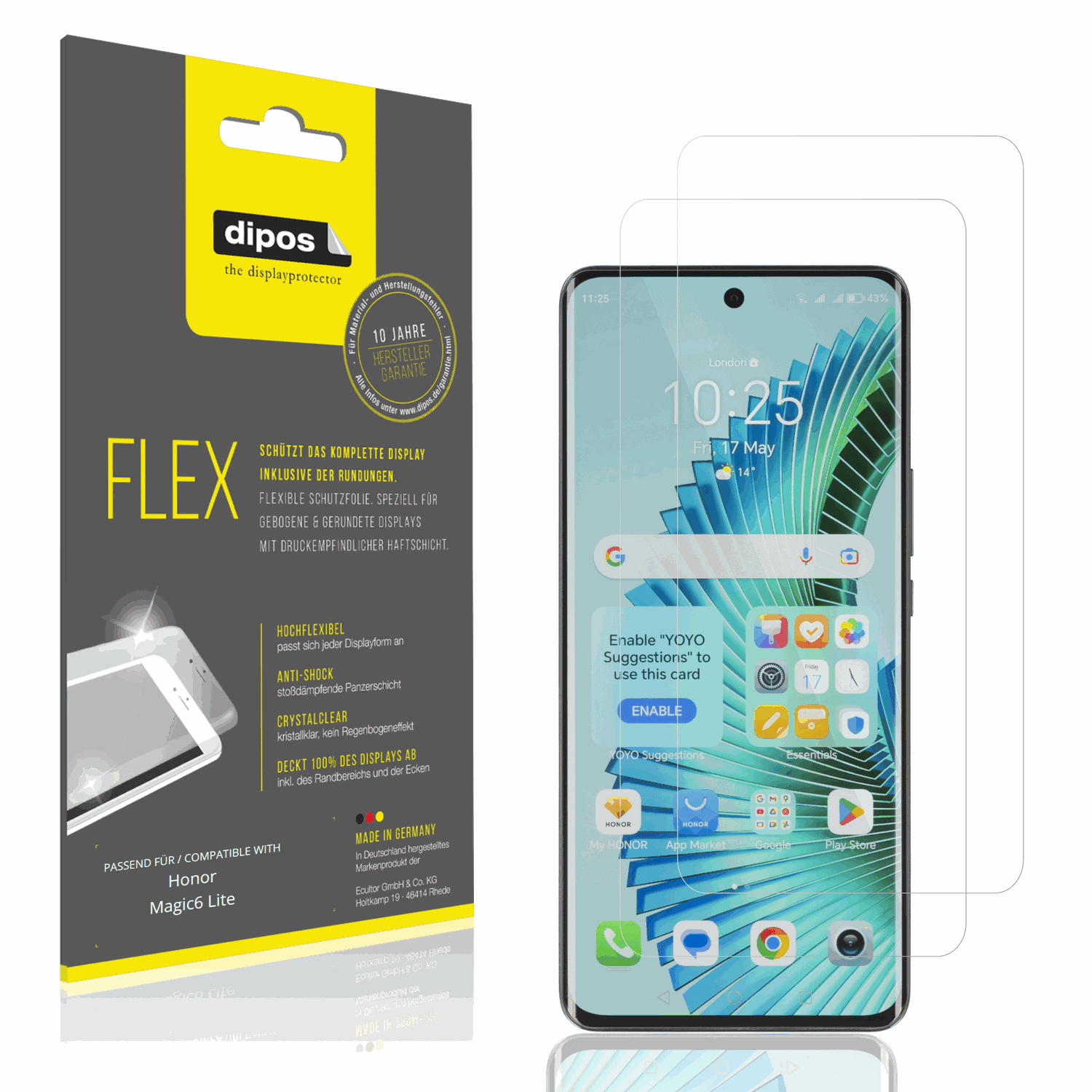 Klare Displayschutzfolie von dipos passend für Honor Magic6 Lite, 100% Displayabdeckung und blasenfreie Montage