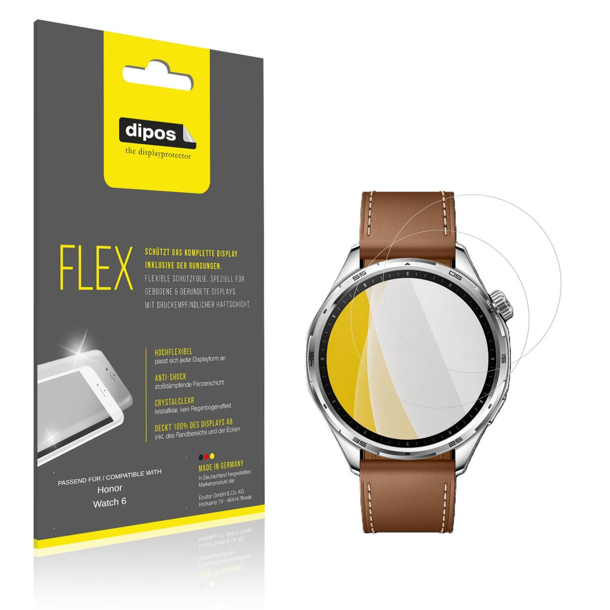 Klare Displayschutzfolie von dipos passend für Honor Watch 6, 100% Displayabdeckung und blasenfreie Montage