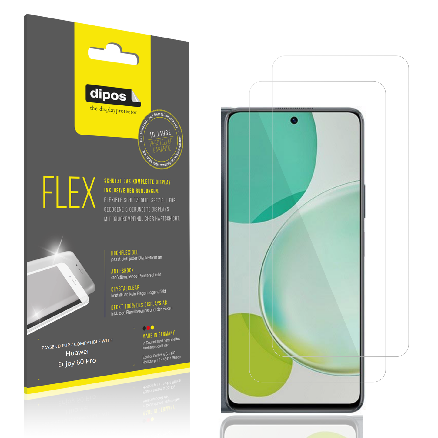 Klare Displayschutzfolie von dipos passend für Huawei Enjoy 60 Pro, 100% Displayabdeckung und blasenfreie Montage