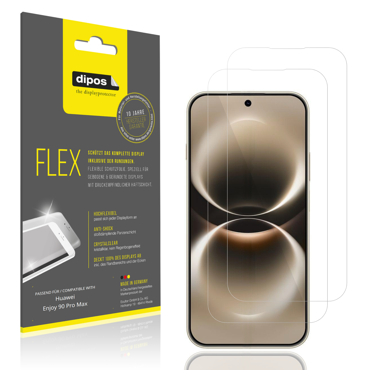 Klare Displayschutzfolie von dipos passend für Huawei Enjoy 90 Pro Max, 100% Displayabdeckung und blasenfreie Montage