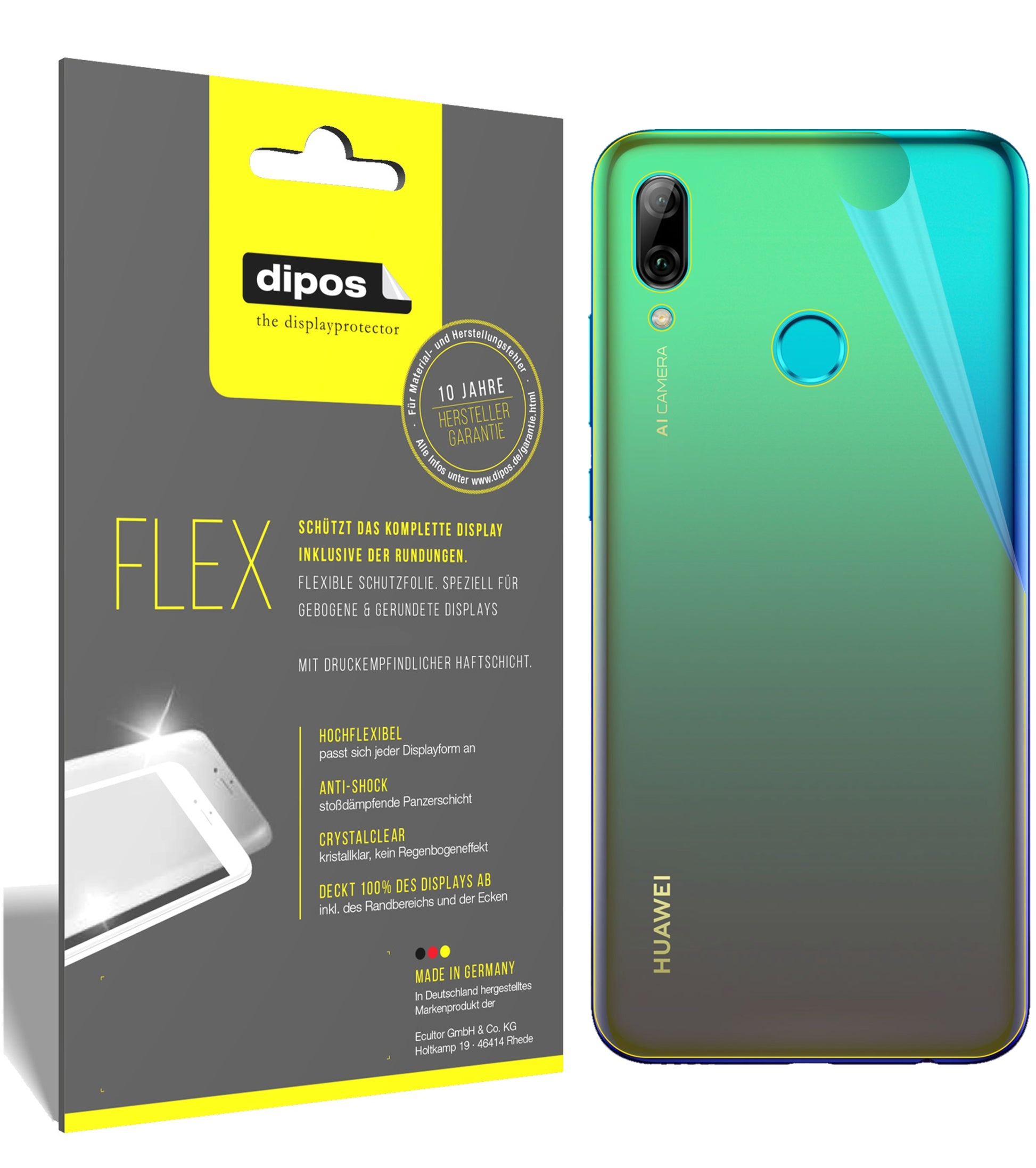 Klare Displayschutzfolie von dipos passend für Huawei Enjoy 9S Rückseite, 100% Displayabdeckung und blasenfreie Montage