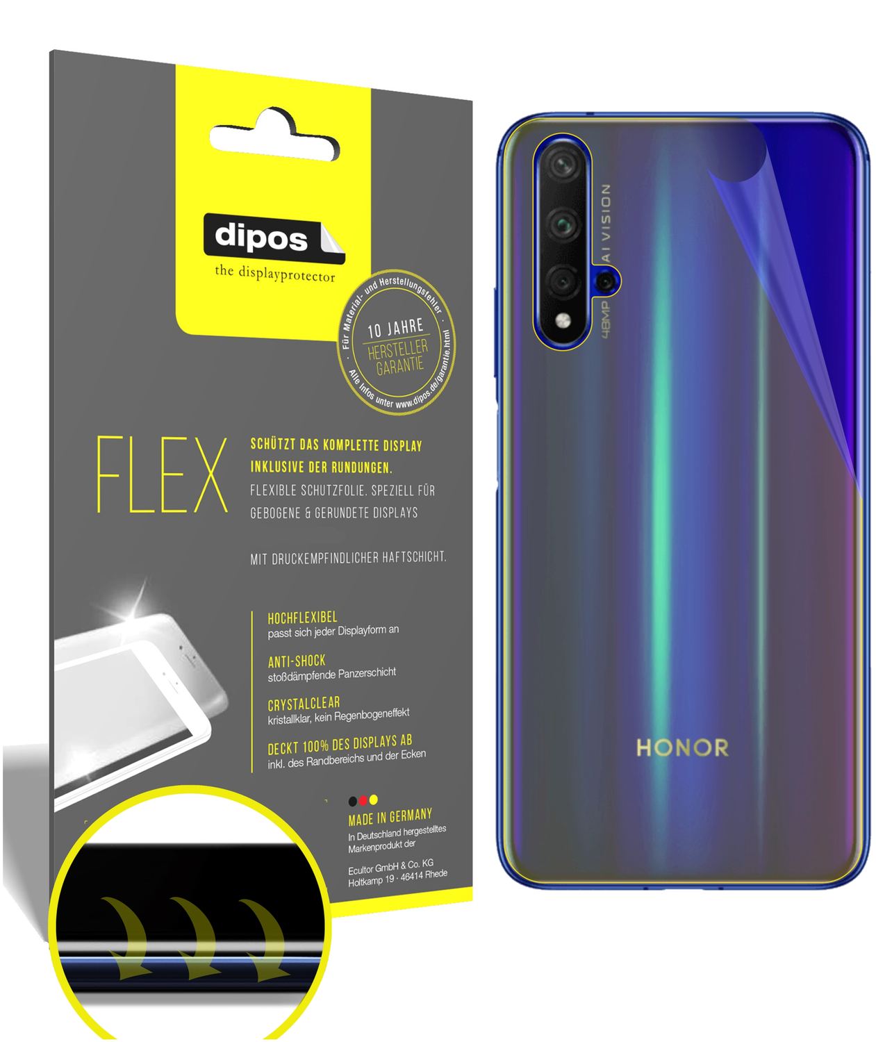 Klare Displayschutzfolie von dipos passend für Honor 20S Rückseite, 100% Displayabdeckung und blasenfreie Montage